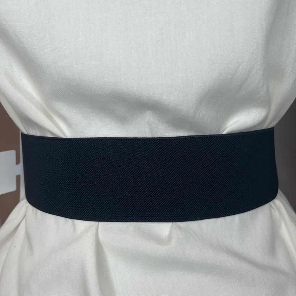 Black PU leather gold tone buckle with rhinestone details elastic waistband belt - Picture 4 of 9